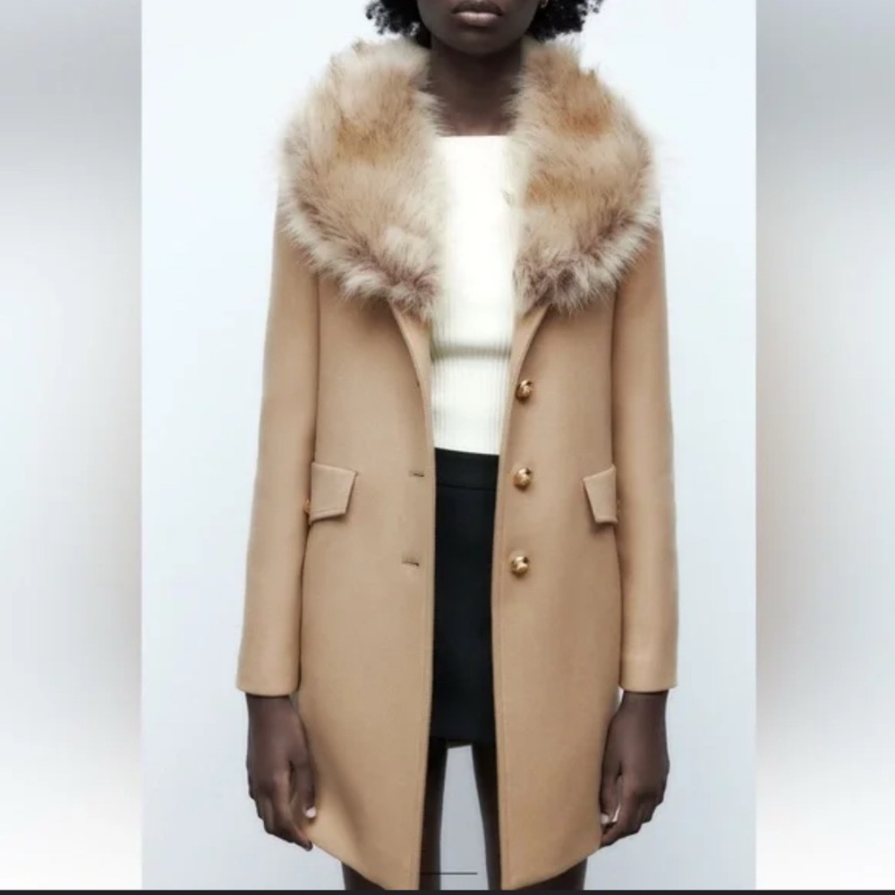 Zara Tan Coat with Faux Fur Collar